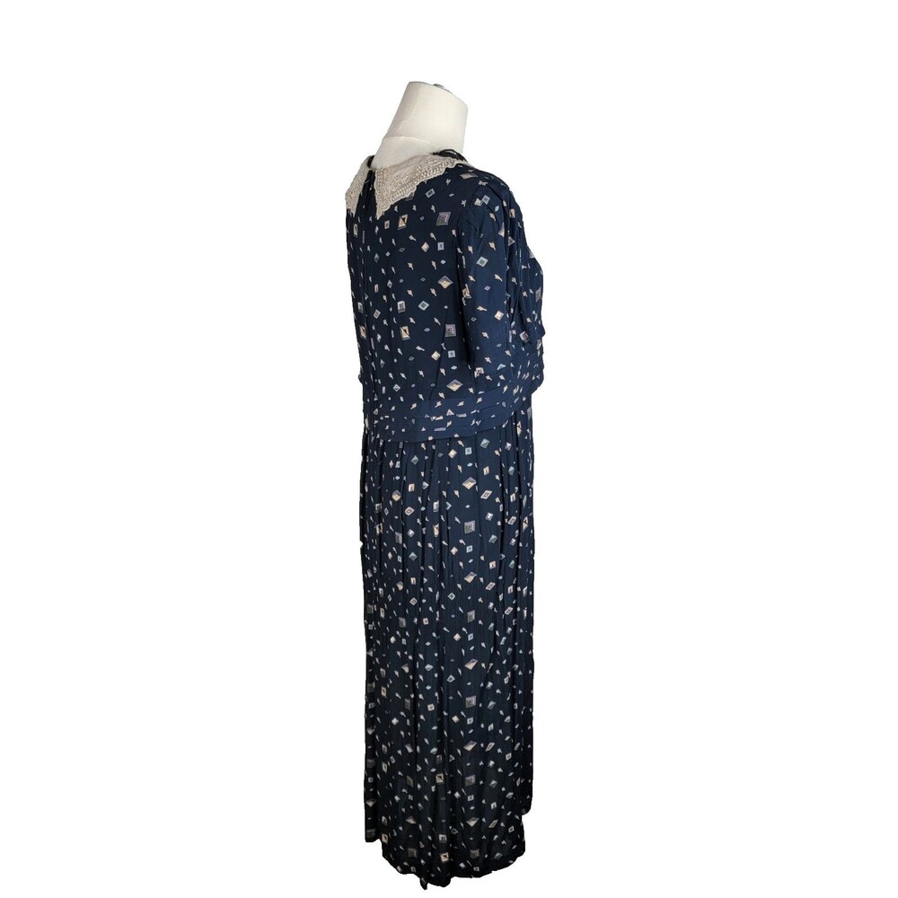 Karin Stevens Navy Vtg Geometric Print Midi Dress Lace Collar Beaded Vintage 10 - Picture 4 of 16